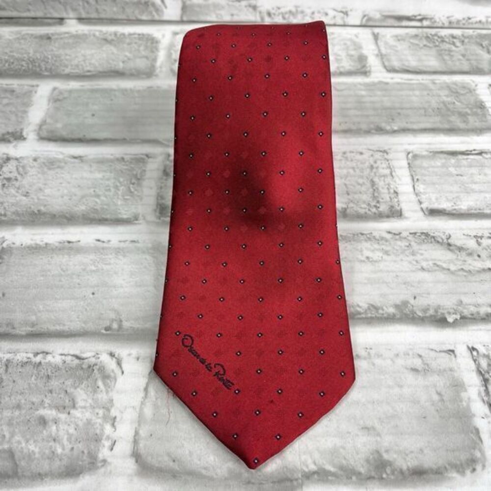 Oscar de la Renta Men's Necktie Tie Silk Red Poka Dot